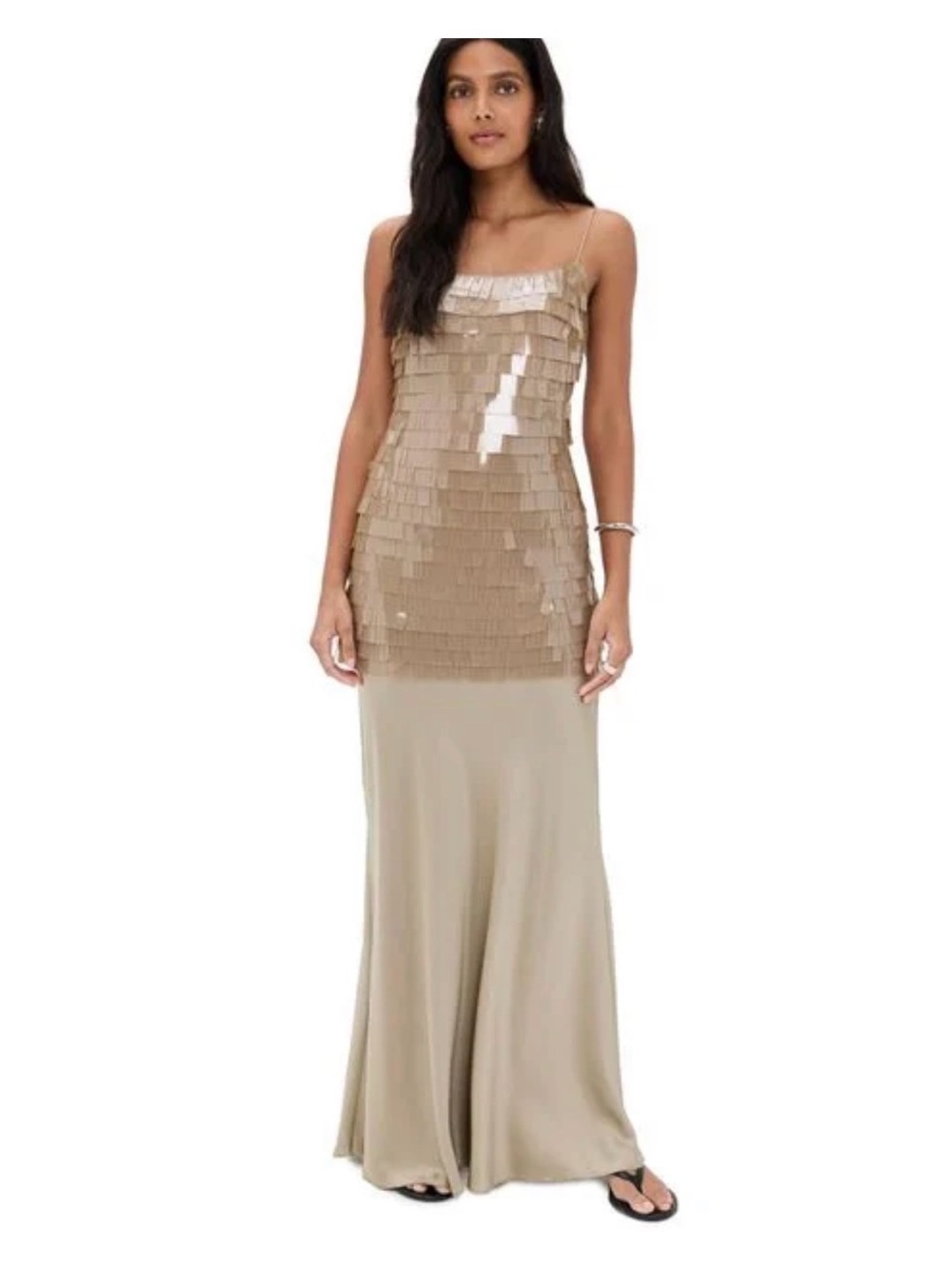 STAUD Beige Sequin Tiered Slip Maxi Dress